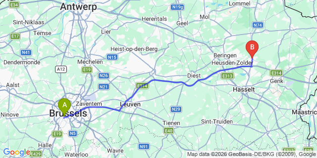 Map: Brussels Midi Train Station to Houthalen