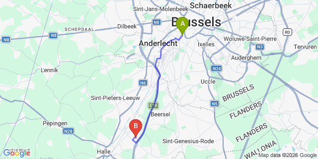 Map: Brussels Midi Train Station to Huizingen