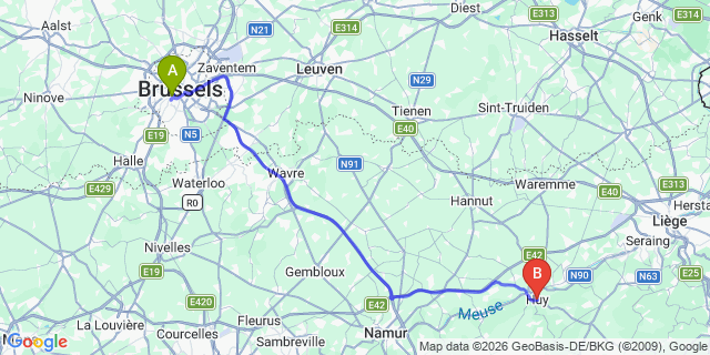 Map: Brussels Midi Train Station to Huy