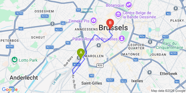 Map: Brussels Midi Train Station to ibis Brussels off Grand Place