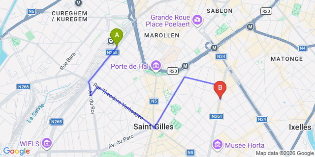 Map: Brussels Midi Train Station to ibis Styles Brussels Centre Stephanie
