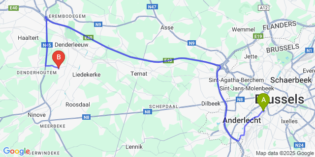 Map: Brussels Midi Train Station to Iddergem