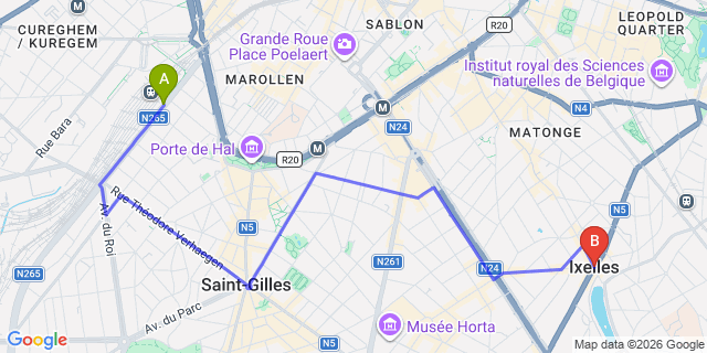 Map: Brussels Midi Train Station to Ixelles