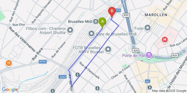 Map: Brussels Midi Train Station to Jill Hotel Brussels