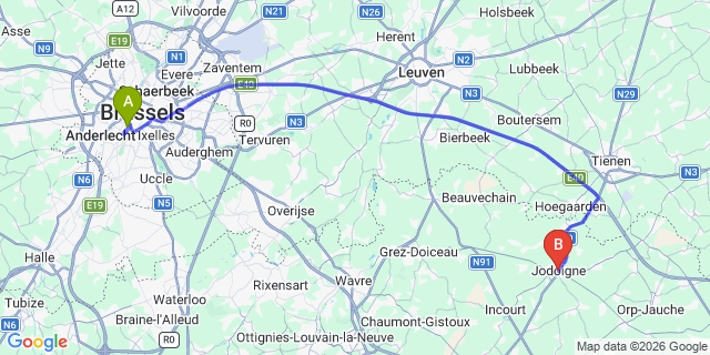 Map: Brussels Midi Train Station to Jodoigne