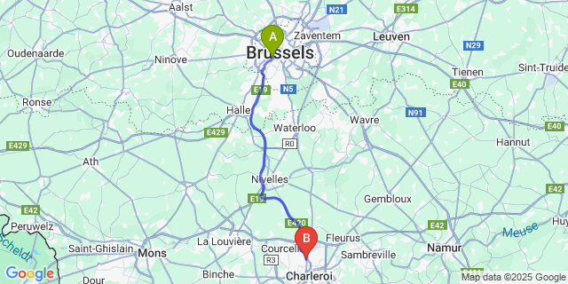Map: Brussels Midi Train Station to Jumet