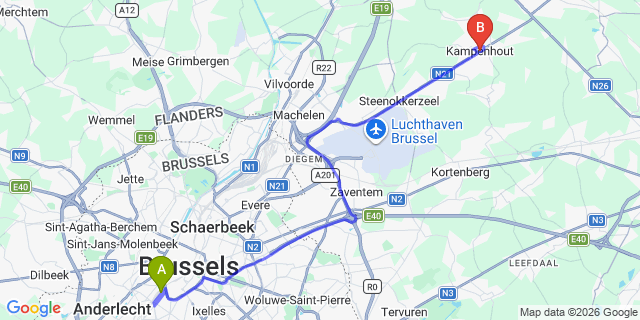 Map: Brussels Midi Train Station to Kampenhout