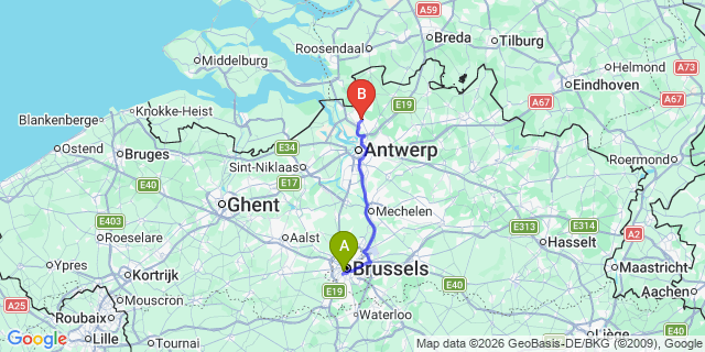 Map: Brussels Midi Train Station to Kapellen