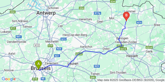 Map: Brussels Midi Train Station to Kerkhoven