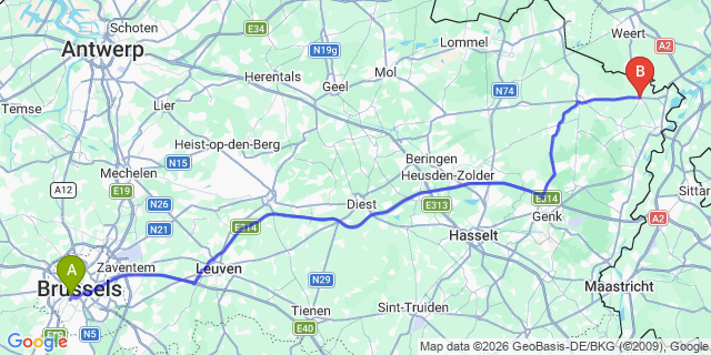 Map: Brussels Midi Train Station to Kinrooi
