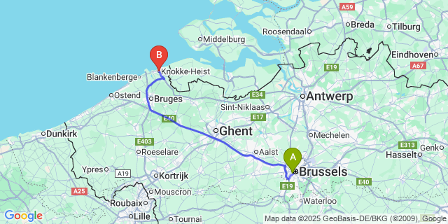 Map: Brussels Midi Train Station to Knokke