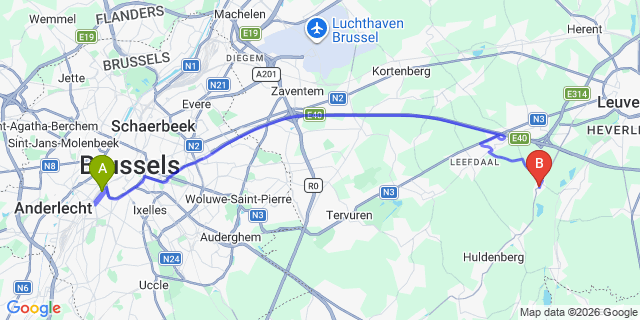 Map: Brussels Midi Train Station to Korbeek-Dijle