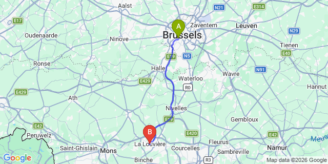 Map: Brussels Midi Train Station to La Louviere