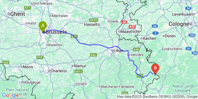 Map: Brussels Midi Train Station to Lanzerath