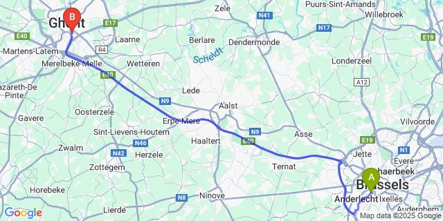 Map: Brussels Midi Train Station to Ledeberg