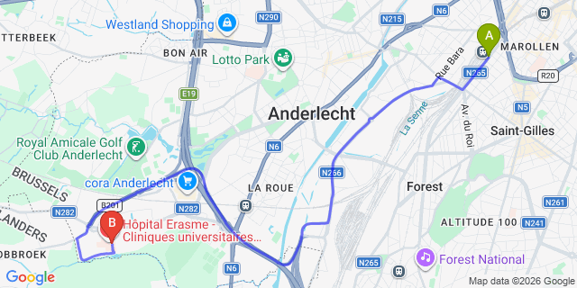 Map: Brussels Midi Train Station to Lennik Erasme