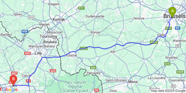 Map: Brussels Midi Train Station to Lens