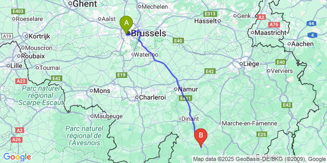 Map: Brussels Midi Train Station to Lesse