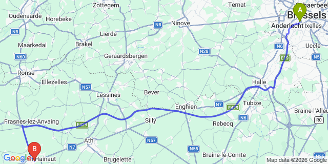 Map: Brussels Midi Train Station to Leuze-en-Hainaut