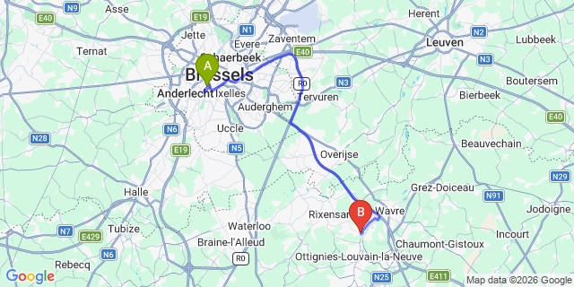 Map: Brussels Midi Train Station to Limal