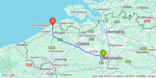 Map: Brussels Midi Train Station to Lissewege