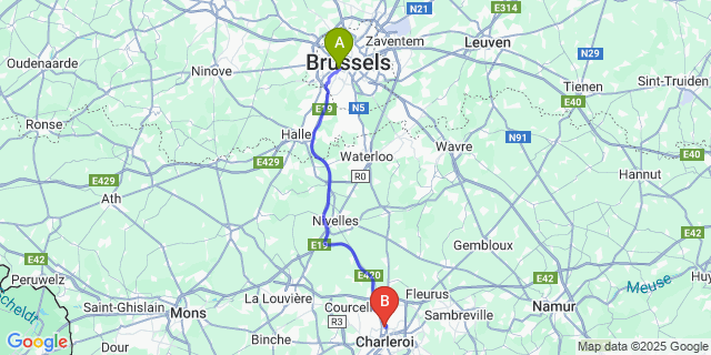 Map: Brussels Midi Train Station to Lodelinsart