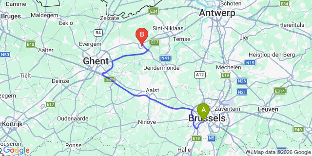 Map: Brussels Midi Train Station to Lokeren