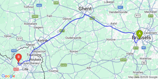 Map: Brussels Midi Train Station to Lompret