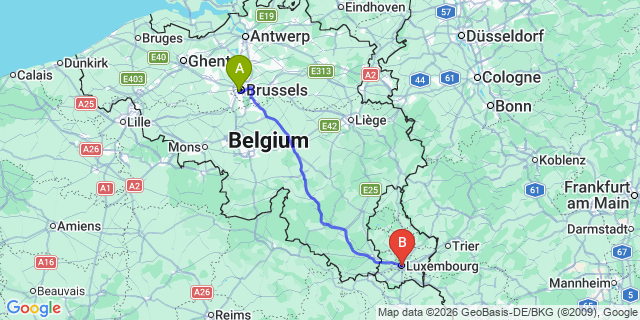Map: Brussels Midi Train Station to Luxembourg city (all areas)