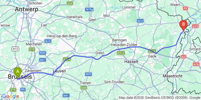 Map: Brussels Midi Train Station to Maaseik