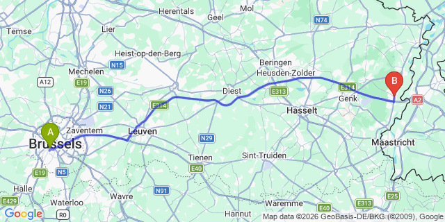 Map: Brussels Midi Train Station to Maasmechelen