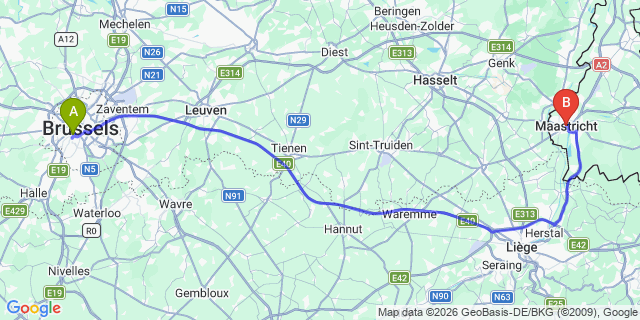 Map: Brussels Midi Train Station to Maastricht