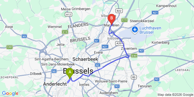 Map: Brussels Midi Train Station to Machelen