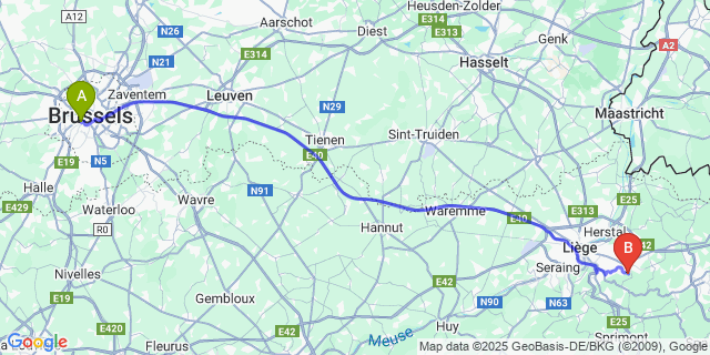 Map: Brussels Midi Train Station to Magnée