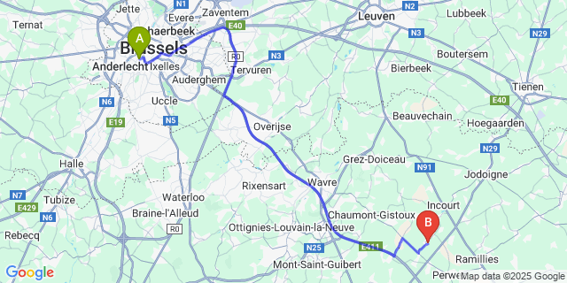 Map: Brussels Midi Train Station to Maleves-Sainte-Marie-Wastines