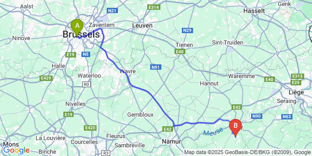 Map: Brussels Midi Train Station to Marchin