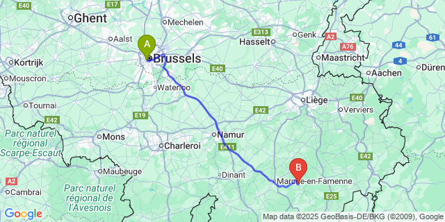 Map: Brussels Midi Train Station to Marcourt