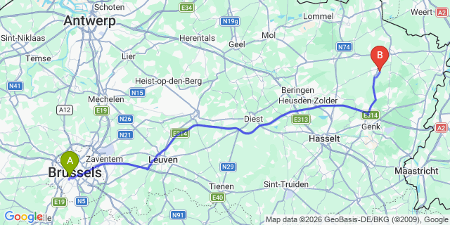 Map: Brussels Midi Train Station to Meeuwen-Gruitrode