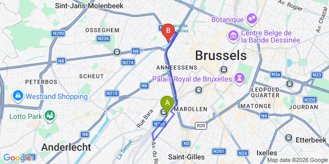 Map: Brussels Midi Train Station to MEININGER Hotel Bruxelles City Center, Brussels