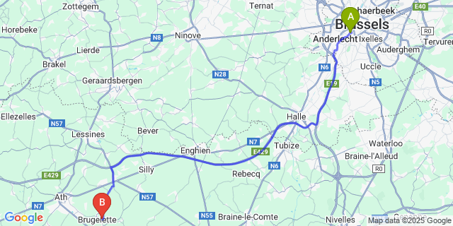 Map: Brussels Midi Train Station to Mévergnies-Lez-Lens