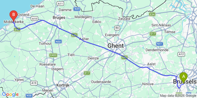 Map: Brussels Midi Train Station to Middelkerke