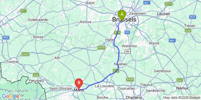 Map: Brussels Midi Train Station to Mons