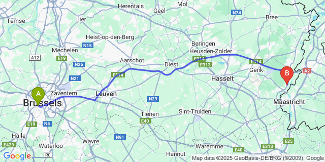 Map: Brussels Midi Train Station to Neerharen
