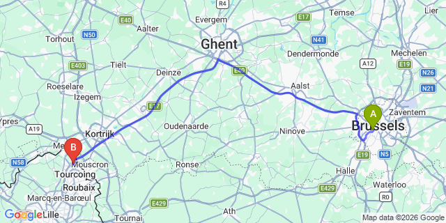 Map: Brussels Midi Train Station to Neuville en Ferrain