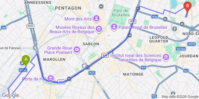 Map: Brussels Midi Train Station to New Hotel Charlemagne, Brussels