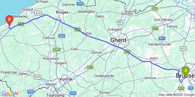 Map: Brussels Midi Train Station to Nieuwpoort