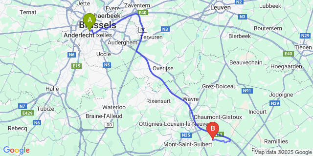 Map: Brussels Midi Train Station to Nil-Saint-Vincent-Saint-Martin
