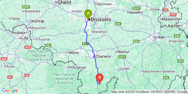 Map: Brussels Midi Train Station to Nismes