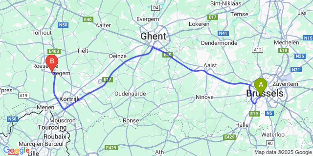 Map: Brussels Midi Train Station to Oekene