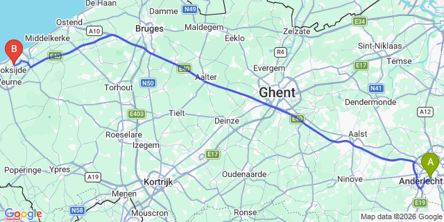 Map: Brussels Midi Train Station to Oostduinkerke